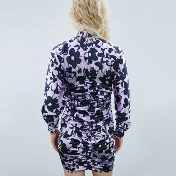 NWT Zara black & lilac floral print satin effect ruched dress, L - Picture 8 of 16